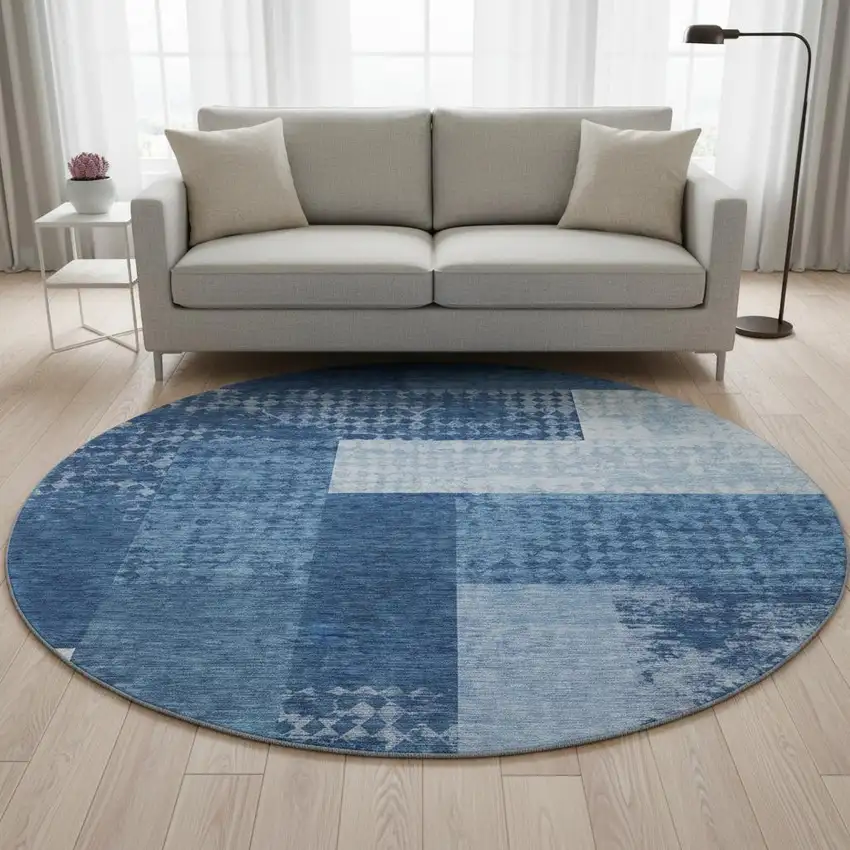 8' Navy Blue And Ivory Geometric Washable Round Rug With UV Protection Photo 2