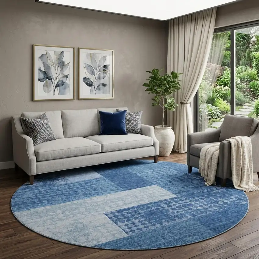 8' Navy Blue And Ivory Geometric Washable Round Rug With UV Protection Photo 1