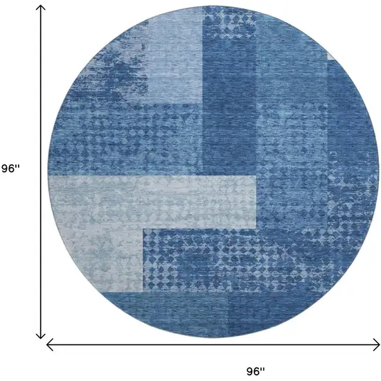 8' Navy Blue And Ivory Geometric Washable Round Rug With UV Protection Photo 9