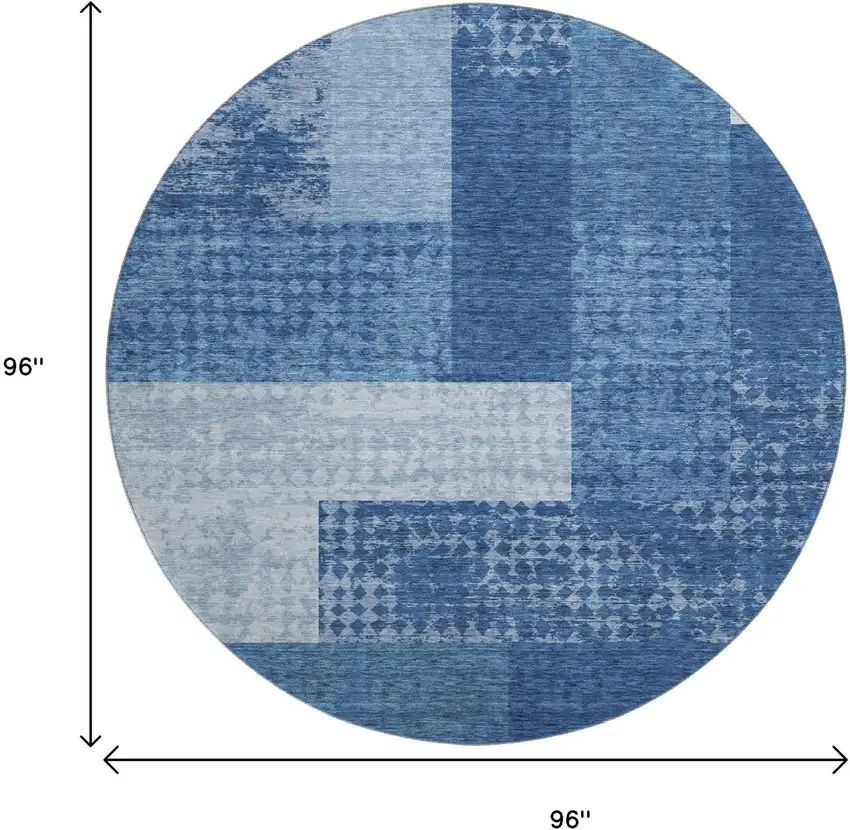 8' Navy Blue And Ivory Geometric Washable Round Rug With UV Protection Photo 9