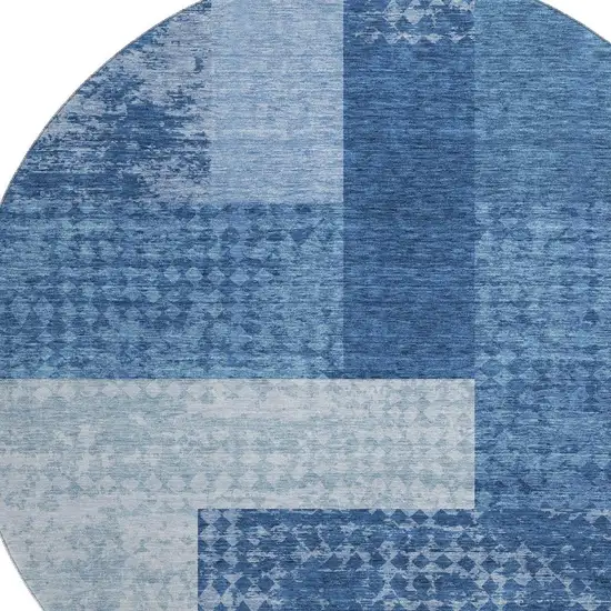 8' Navy Blue And Ivory Geometric Washable Round Rug With UV Protection Photo 2