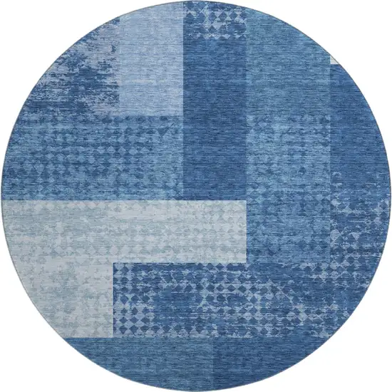 8' Navy Blue And Ivory Geometric Washable Round Rug With UV Protection Photo 1