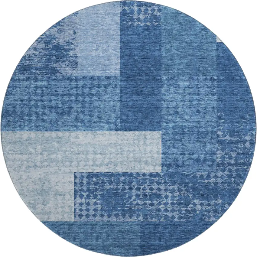 8' Navy Blue And Ivory Geometric Washable Round Rug With UV Protection Photo 1