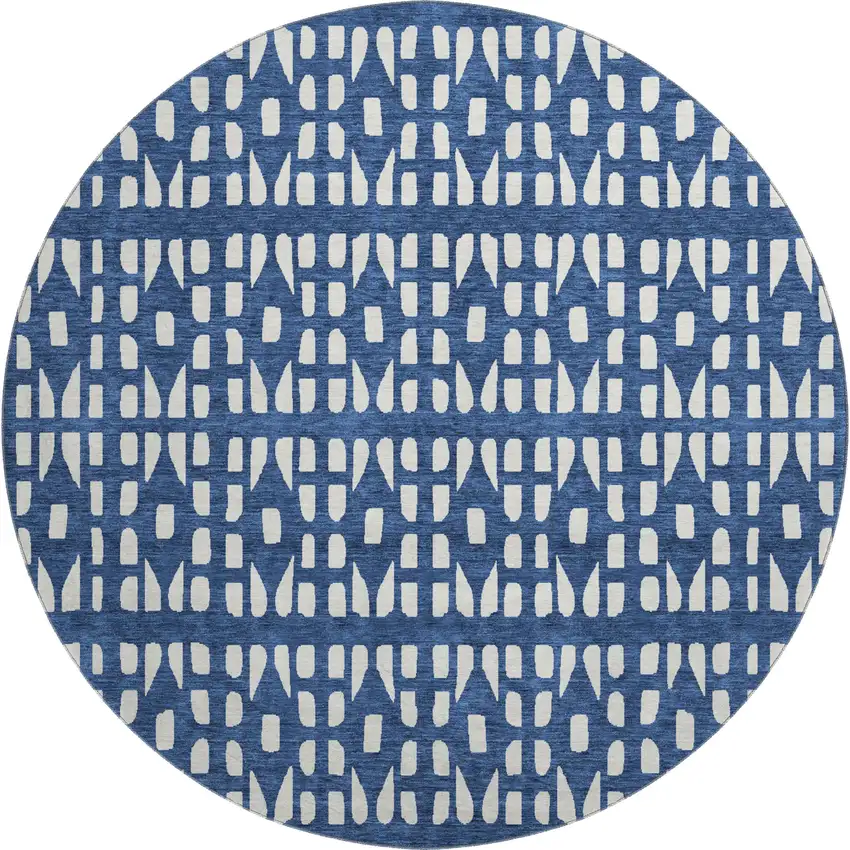 8' Navy Blue And Ivory Geometric Washable Round Rug With UV Protection Photo 1