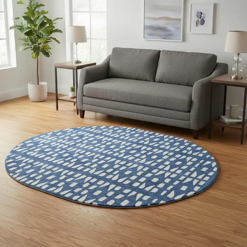 8' Navy Blue And Ivory Geometric Washable Round Rug With UV Protection Photo 2