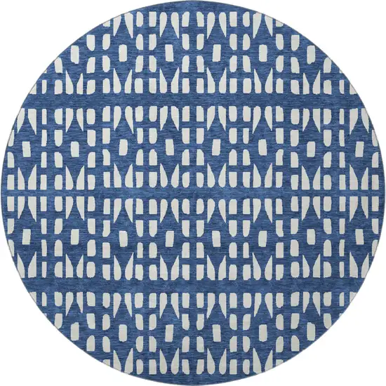 8' Navy Blue And Ivory Geometric Washable Round Rug With UV Protection Photo 3