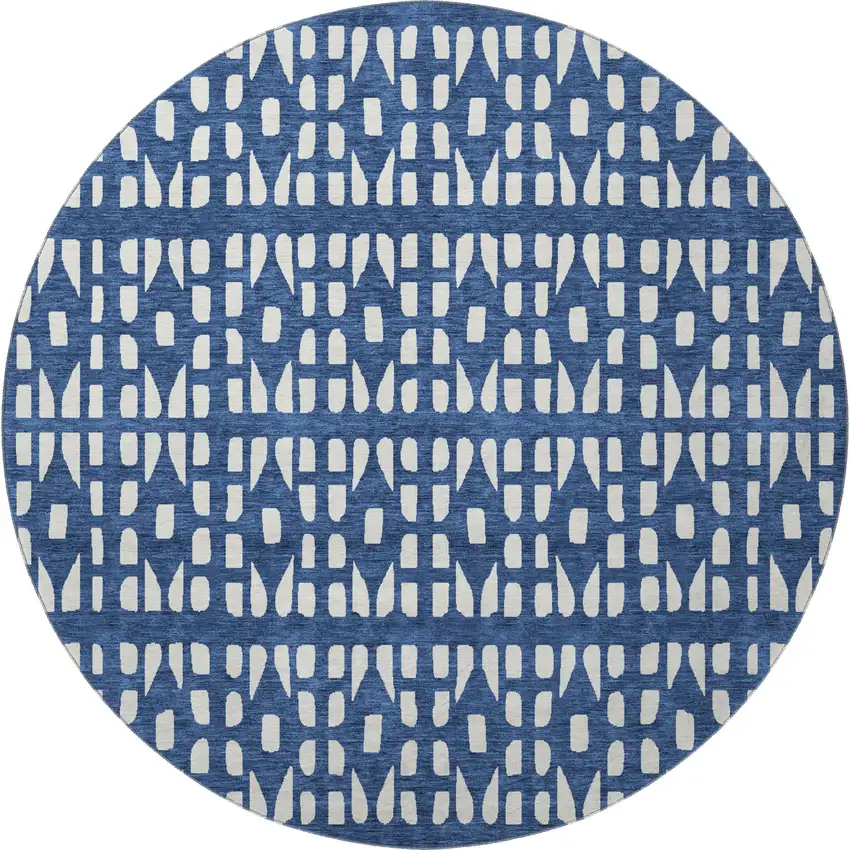 8' Navy Blue And Ivory Geometric Washable Round Rug With UV Protection Photo 3