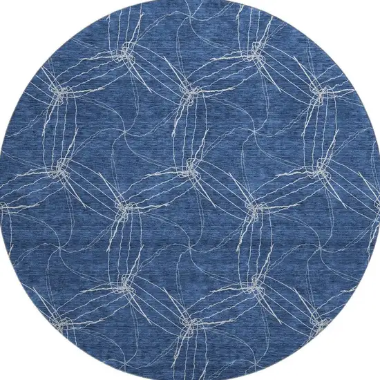 8' Navy Blue And Ivory Geometric Washable Round Rug With UV Protection Photo 3