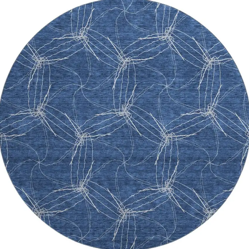 8' Navy Blue And Ivory Geometric Washable Round Rug With UV Protection Photo 3