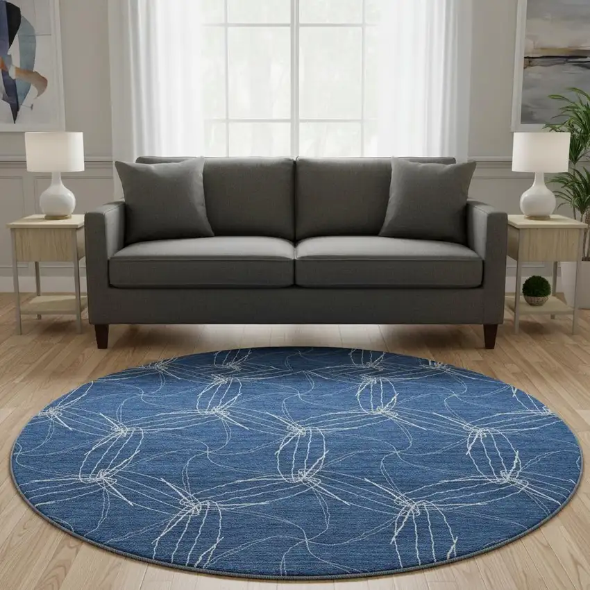 8' Navy Blue And Ivory Geometric Washable Round Rug With UV Protection Photo 2