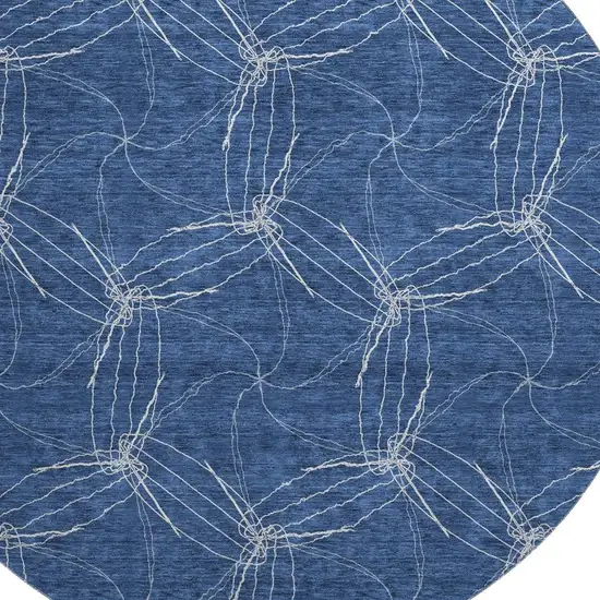 8' Navy Blue And Ivory Geometric Washable Round Rug With UV Protection Photo 2