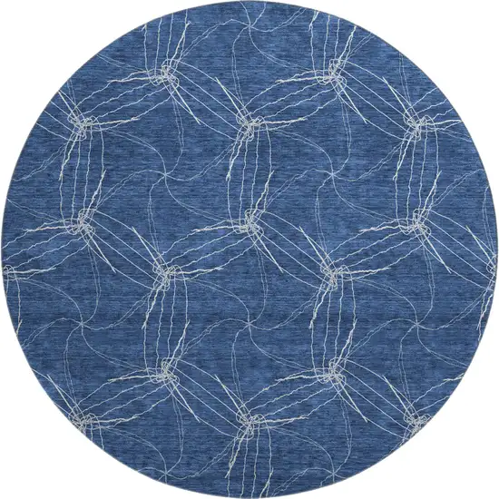 8' Navy Blue And Ivory Geometric Washable Round Rug With UV Protection Photo 1