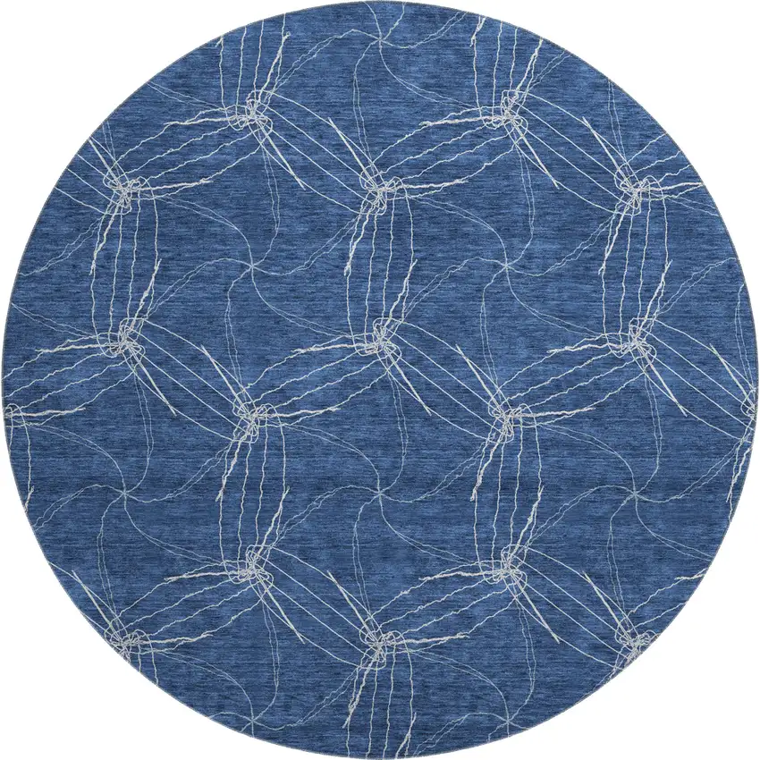 8' Navy Blue And Ivory Geometric Washable Round Rug With UV Protection Photo 1
