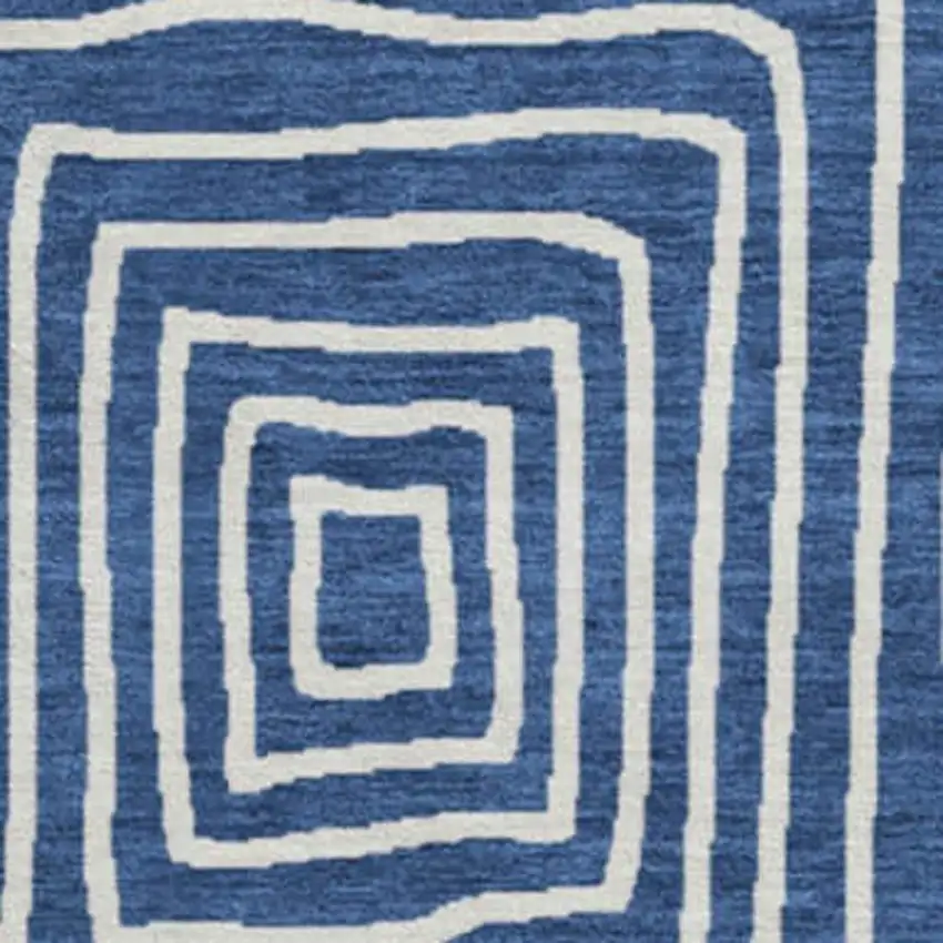 8' Navy Blue And Ivory Geometric Washable Round Rug With UV Protection Photo 3