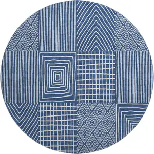 Photo of 8' Navy Blue And Ivory Geometric Washable Round Rug With UV Protection