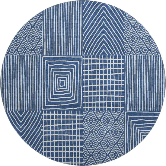 8' Navy Blue And Ivory Geometric Washable Round Rug With UV Protection Photo 1