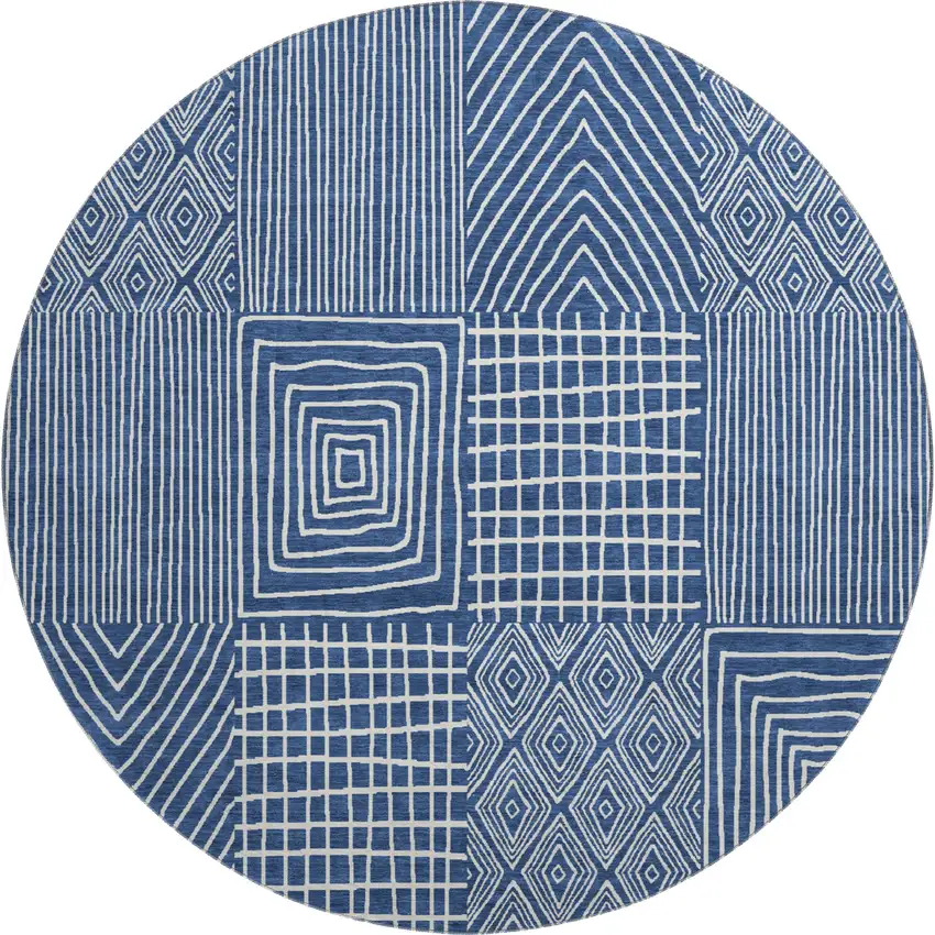 8' Navy Blue And Ivory Geometric Washable Round Rug With UV Protection Photo 1