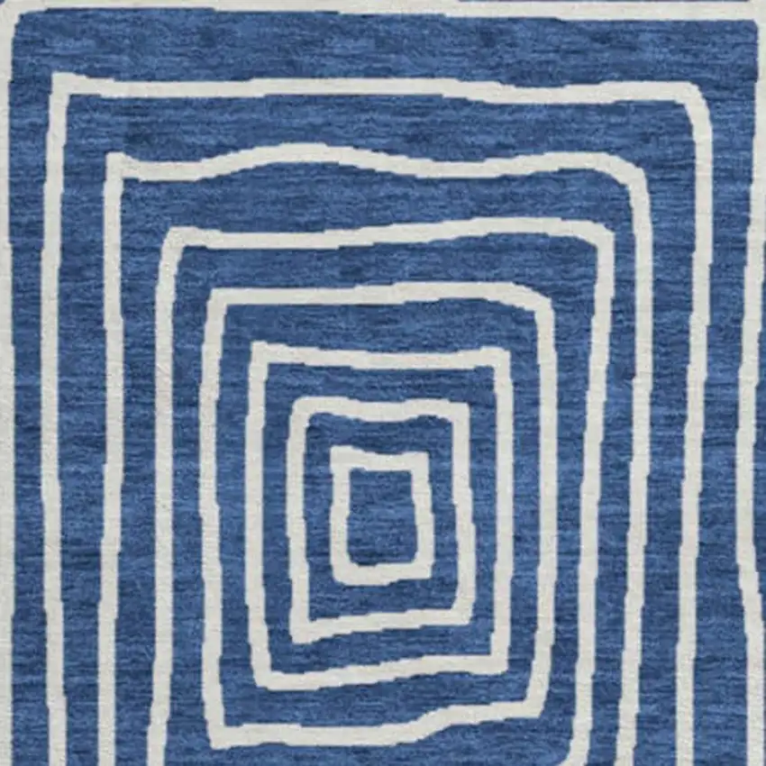 8' Navy Blue And Ivory Geometric Washable Round Rug With UV Protection Photo 3