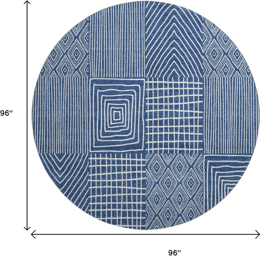 8' Navy Blue And Ivory Geometric Washable Round Rug With UV Protection Photo 9