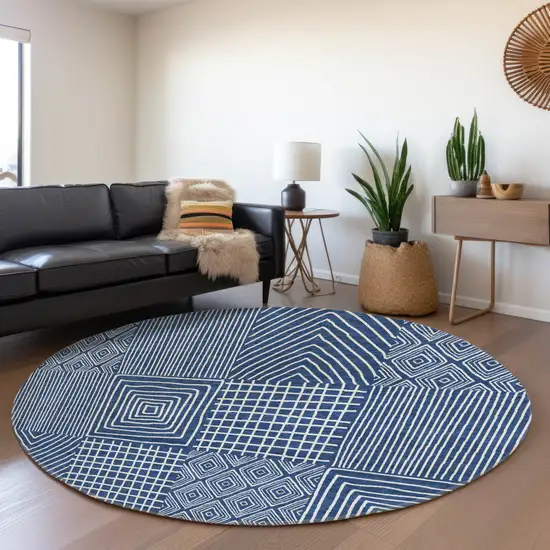 8' Navy Blue And Ivory Geometric Washable Round Rug With UV Protection Photo 4