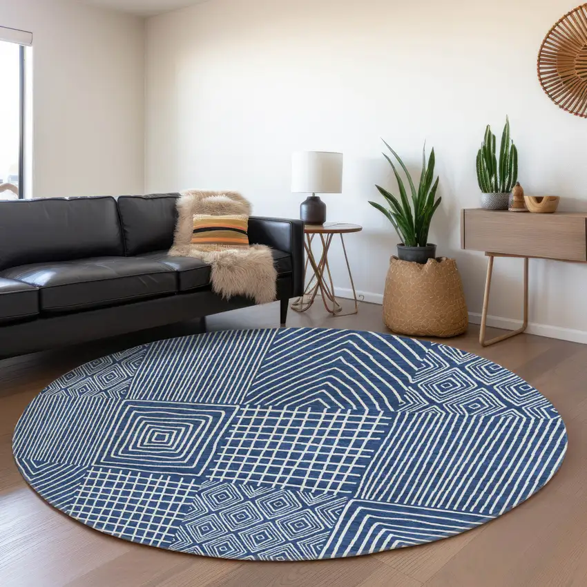 8' Navy Blue And Ivory Geometric Washable Round Rug With UV Protection Photo 4