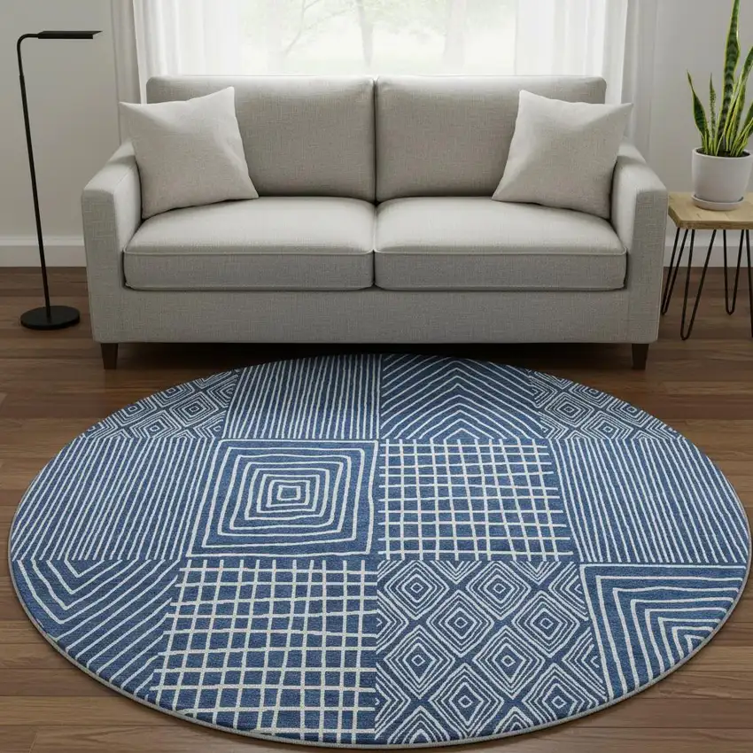 8' Navy Blue And Ivory Geometric Washable Round Rug With UV Protection Photo 2