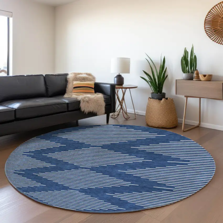 8' Navy Blue And Ivory Geometric Washable Round Rug With UV Protection Photo 4