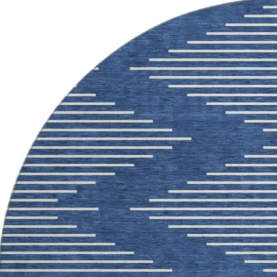 8' Navy Blue And Ivory Geometric Washable Round Rug With UV Protection Photo 2