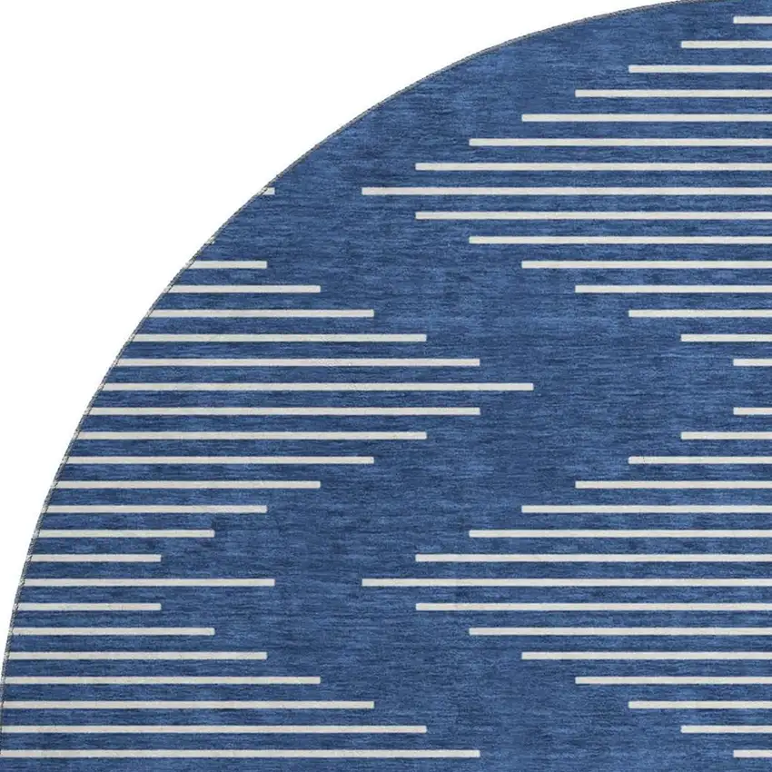 8' Navy Blue And Ivory Geometric Washable Round Rug With UV Protection Photo 2