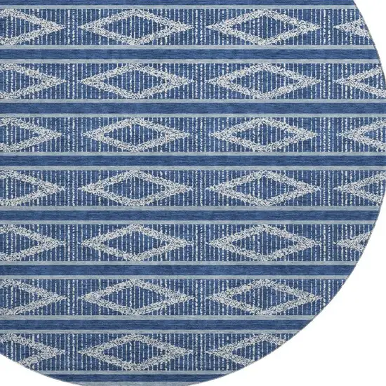 8' Navy Blue And Ivory Geometric Washable Round Rug With UV Protection Photo 2