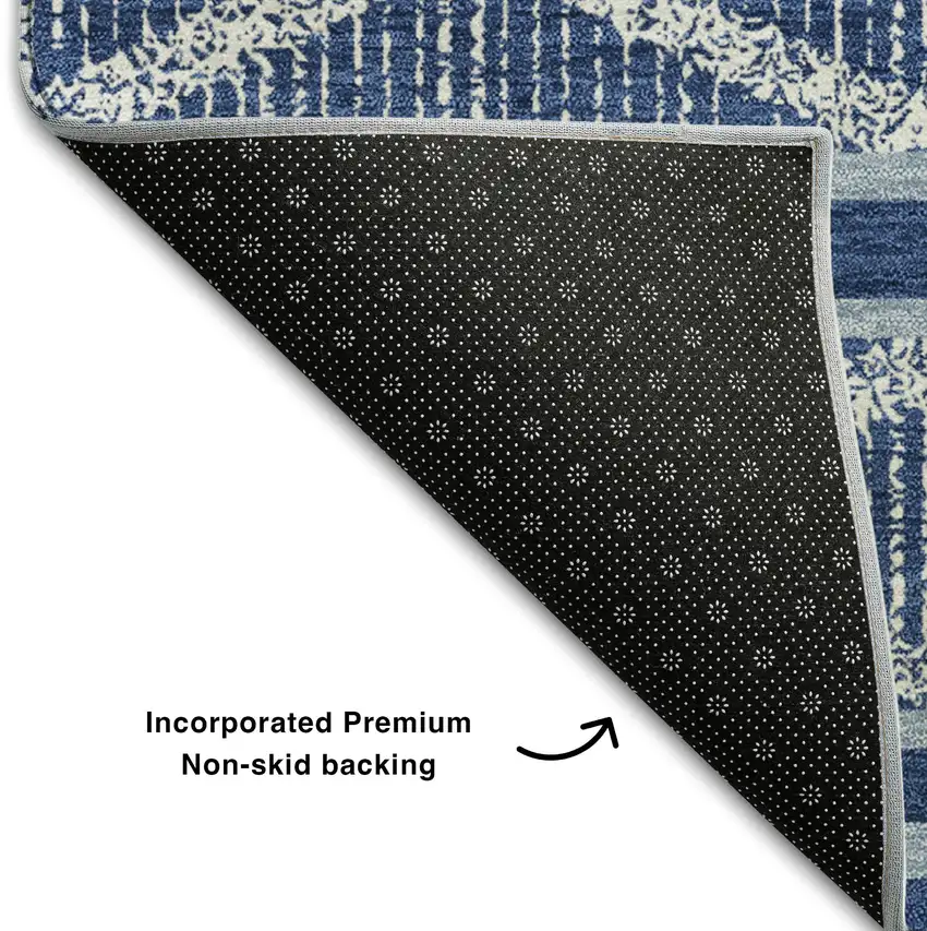 8' Navy Blue And Ivory Geometric Washable Round Rug With UV Protection Photo 5