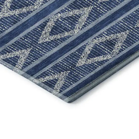 8' Navy Blue And Ivory Geometric Washable Round Rug With UV Protection Photo 6