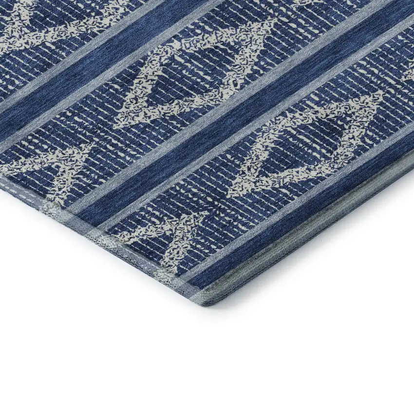 8' Navy Blue And Ivory Geometric Washable Round Rug With UV Protection Photo 6