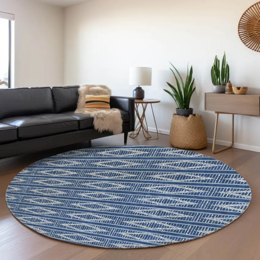 8' Navy Blue And Ivory Geometric Washable Round Rug With UV Protection Photo 4