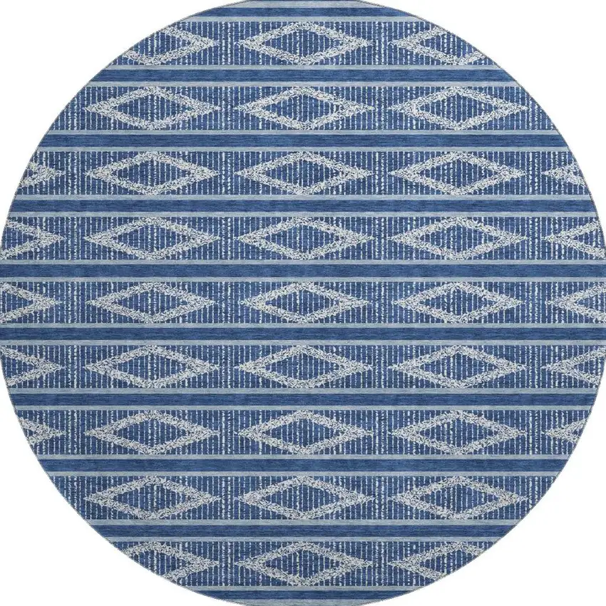 8' Navy Blue And Ivory Geometric Washable Round Rug With UV Protection Photo 4