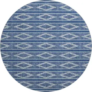 Photo of 8' Navy Blue And Ivory Geometric Washable Round Rug With UV Protection