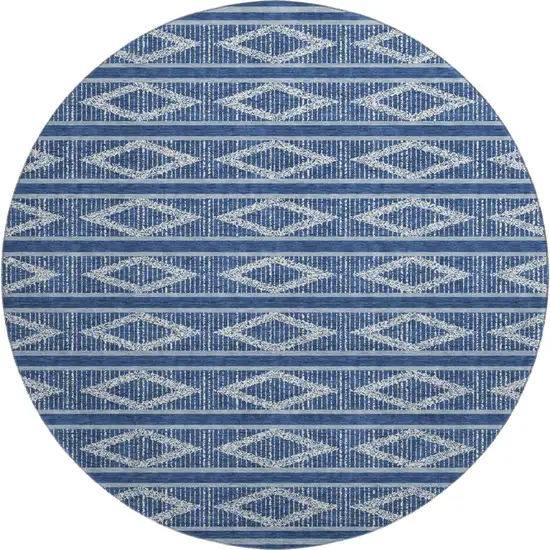 8' Navy Blue And Ivory Geometric Washable Round Rug With UV Protection Photo 1