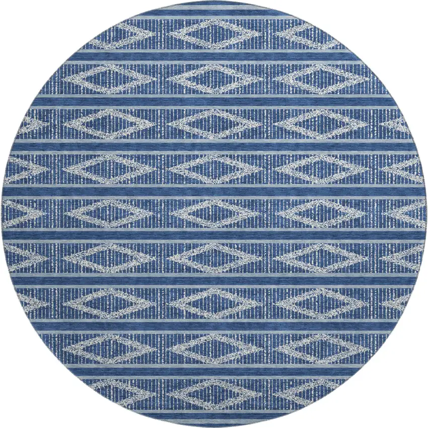 8' Navy Blue And Ivory Geometric Washable Round Rug With UV Protection Photo 1