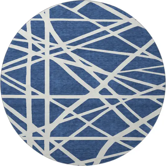 8' Navy Blue And Ivory Geometric Washable Round Rug With UV Protection Photo 3