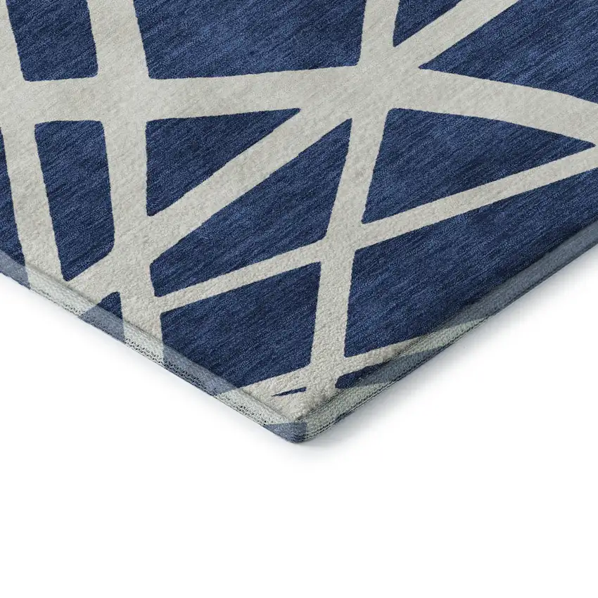 8' Navy Blue And Ivory Geometric Washable Round Rug With UV Protection Photo 6