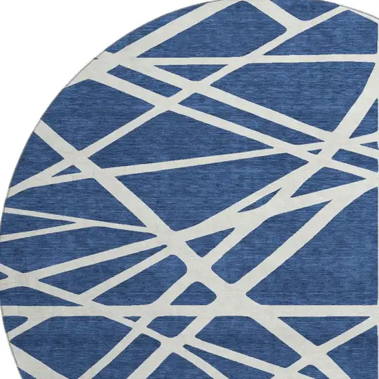 8' Navy Blue And Ivory Geometric Washable Round Rug With UV Protection Photo 2