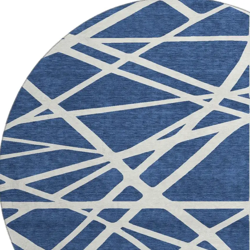 8' Navy Blue And Ivory Geometric Washable Round Rug With UV Protection Photo 2