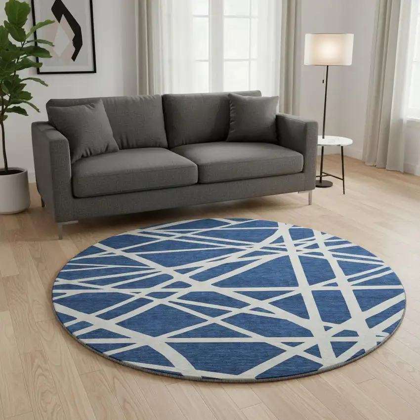8' Navy Blue And Ivory Geometric Washable Round Rug With UV Protection Photo 2
