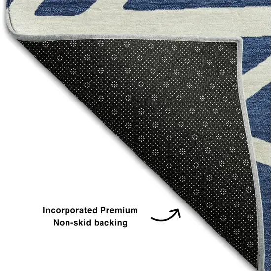 8' Navy Blue And Ivory Geometric Washable Round Rug With UV Protection Photo 5