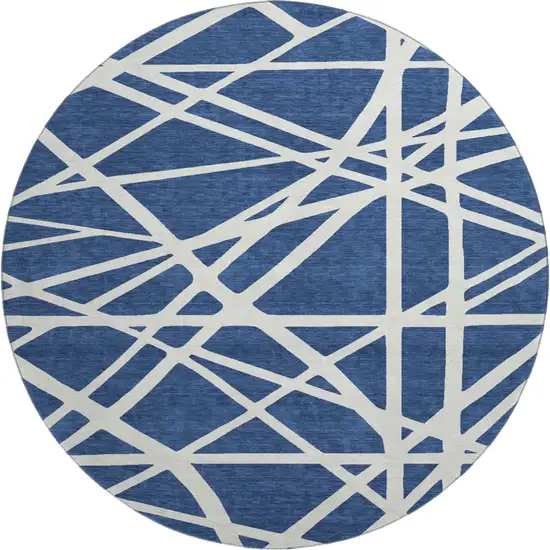 8' Navy Blue And Ivory Geometric Washable Round Rug With UV Protection Photo 1
