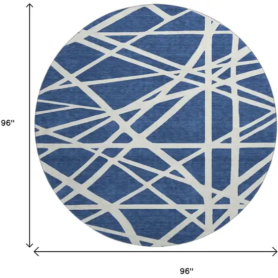 8' Navy Blue And Ivory Geometric Washable Round Rug With UV Protection Photo 9