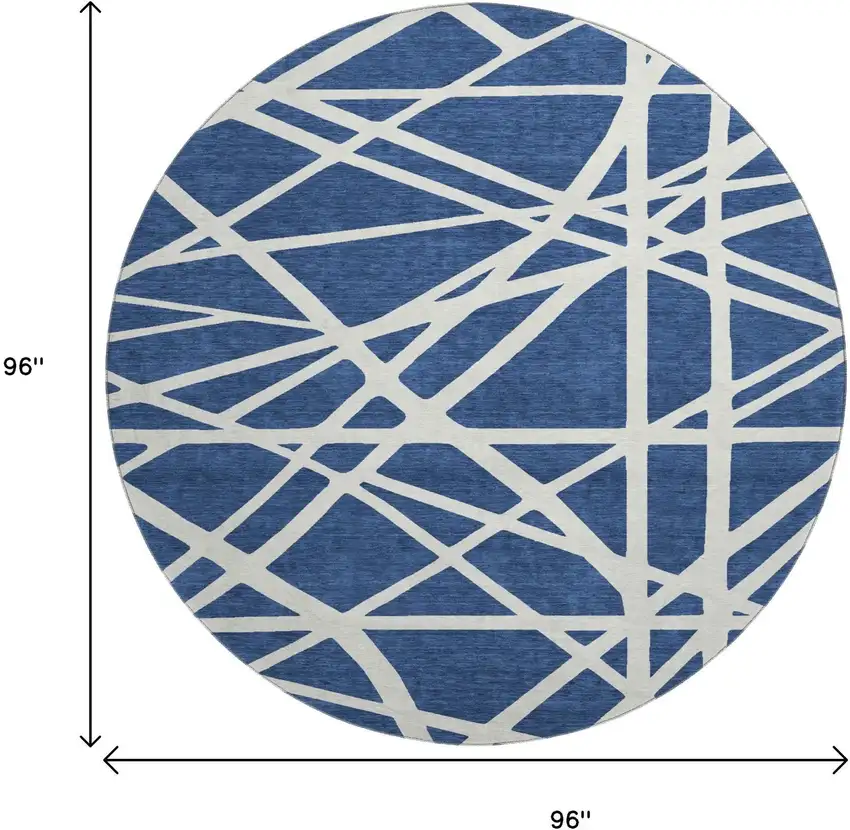 8' Navy Blue And Ivory Geometric Washable Round Rug With UV Protection Photo 9