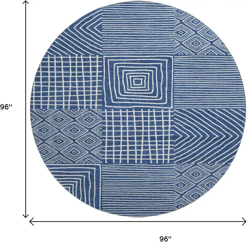 8' Navy Blue And Ivory Geometric Washable Round Rug With UV Protection Photo 9