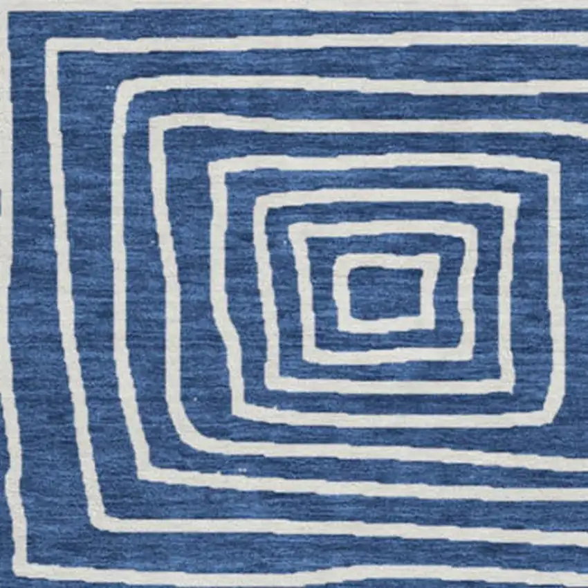 8' Navy Blue And Ivory Geometric Washable Round Rug With UV Protection Photo 3