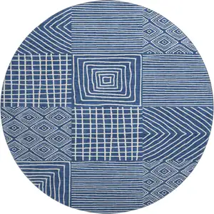 Photo of 8' Navy Blue And Ivory Geometric Washable Round Rug With UV Protection